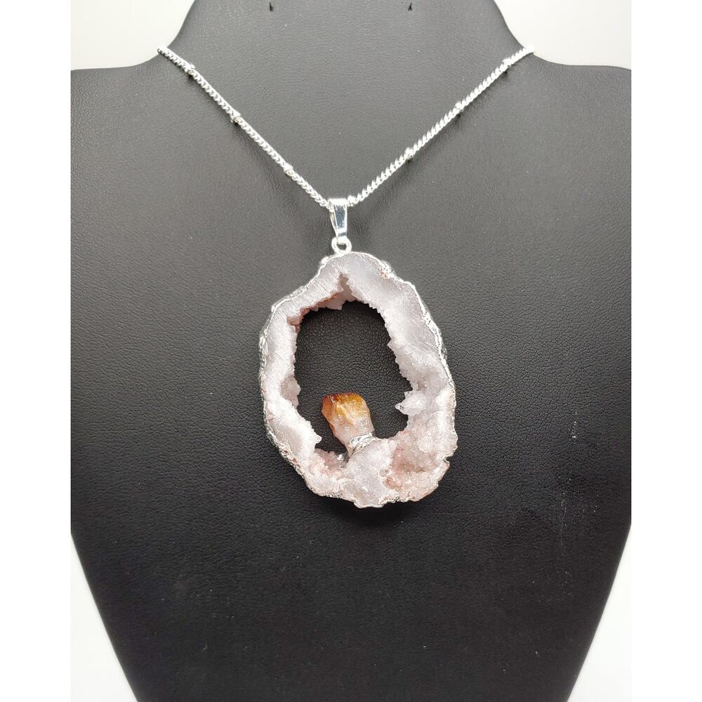 White Quartz Geode Citrine Necklace Silver Tone 20" Beaded Chain